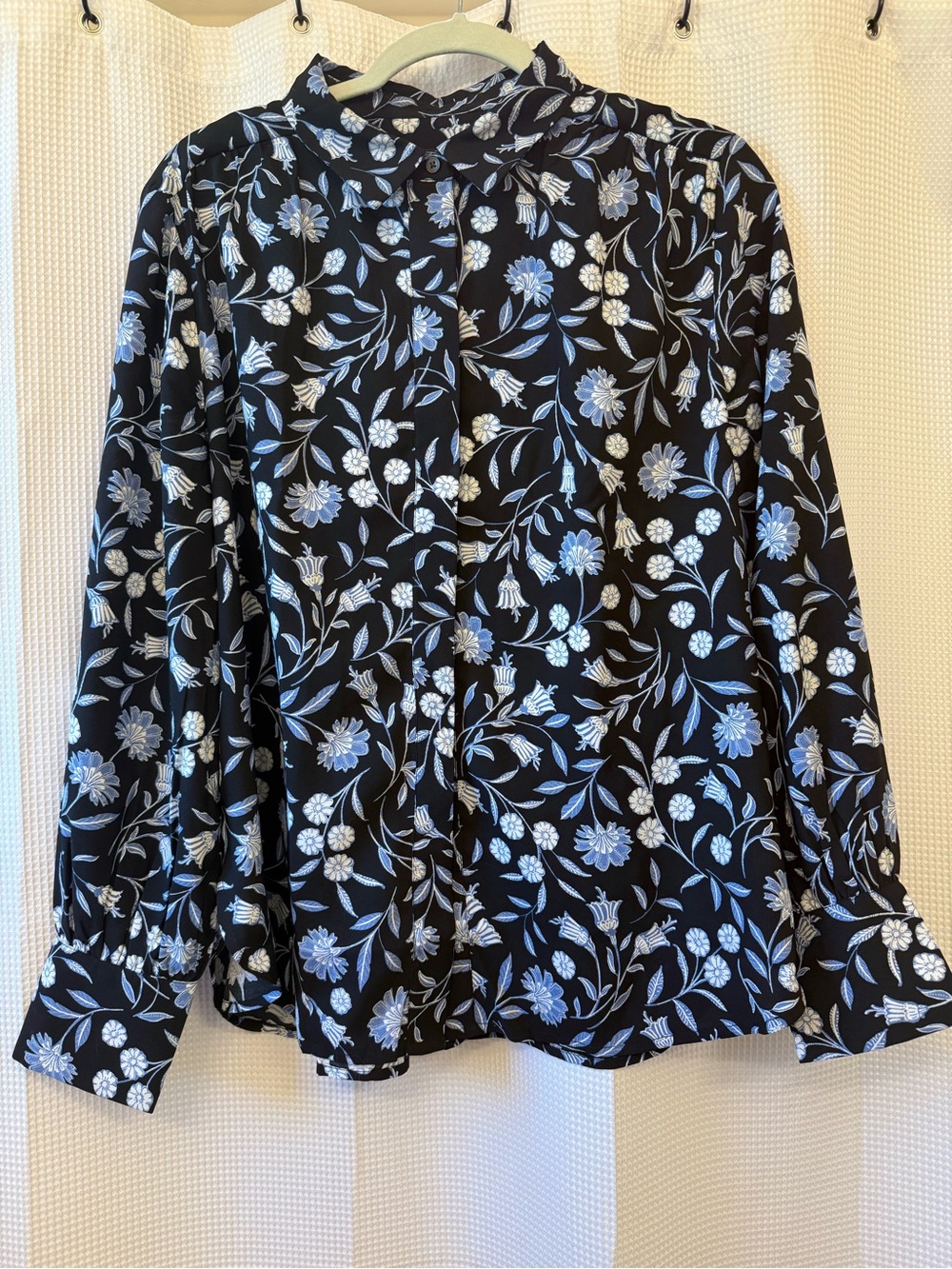 Ann Taylor Black Blouse with Blue Floral Print